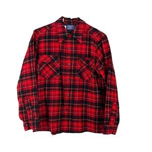 Vtg Men's Red Black Flannel Shirt M Plaid Virgin Wool Long Sleeve USA Outdoor
